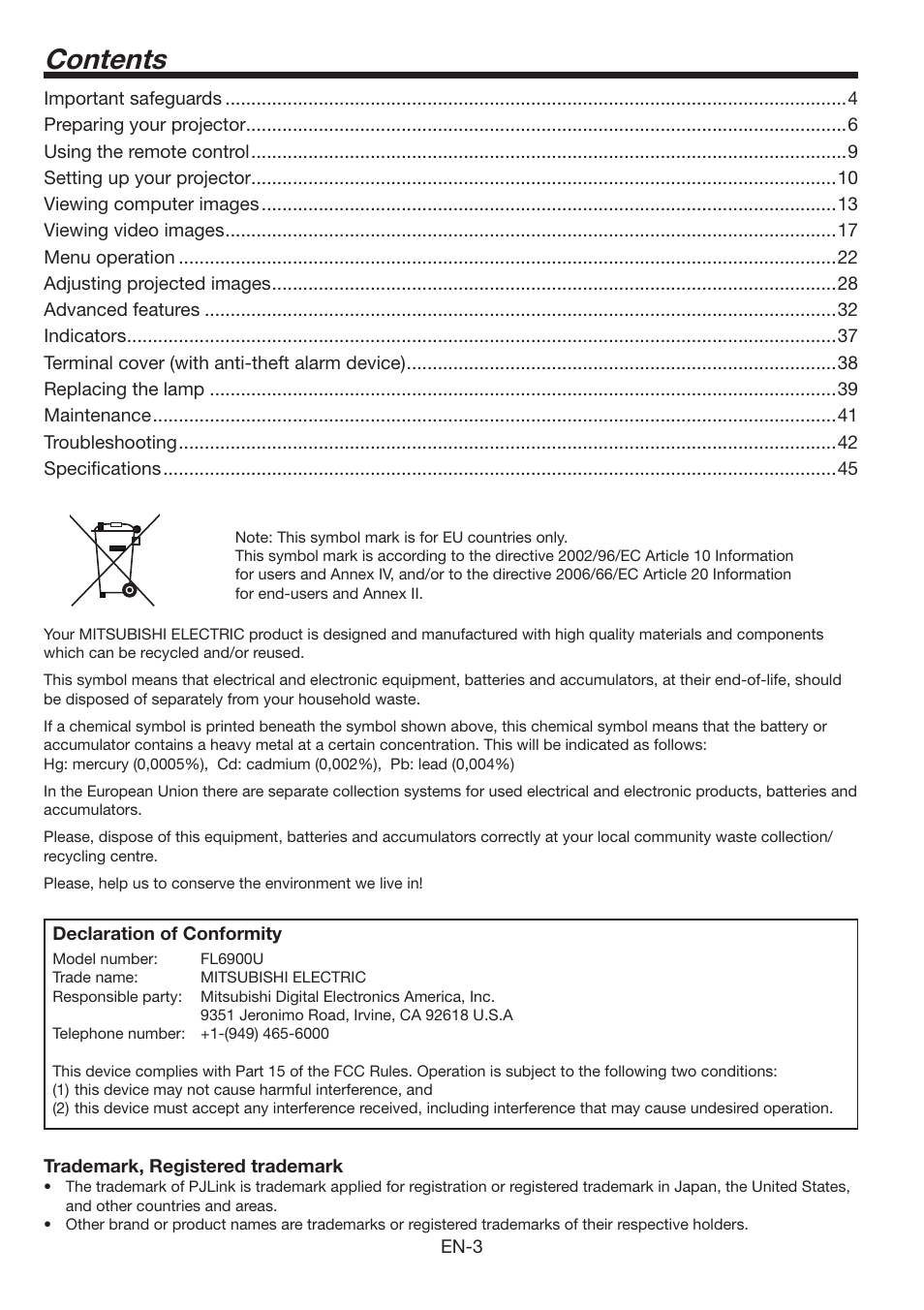 MITSUBISHI ELECTRIC FL6900U User Manual | Page 3 / 48