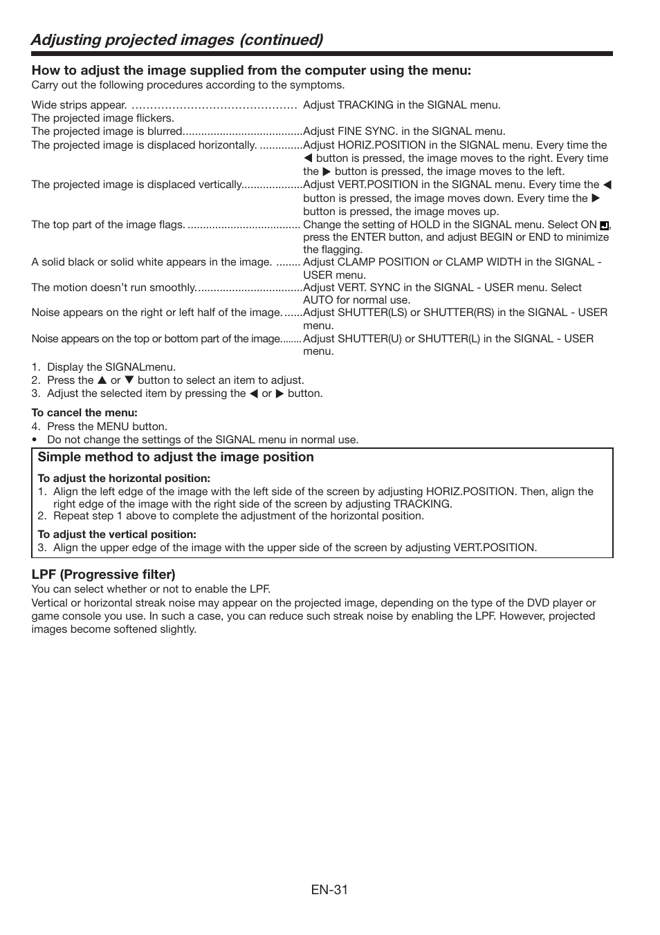 Adjusting projected images (continued) | MITSUBISHI ELECTRIC FL6900U User Manual | Page 31 / 48