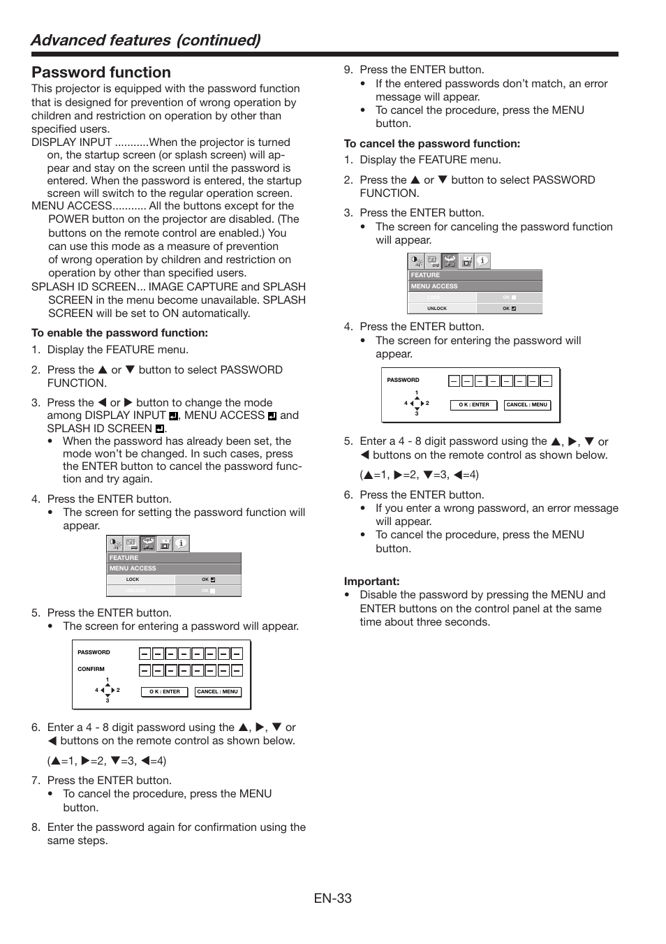 Advanced features (continued), Password function, En-33 | MITSUBISHI ELECTRIC FL6900U User Manual | Page 33 / 48