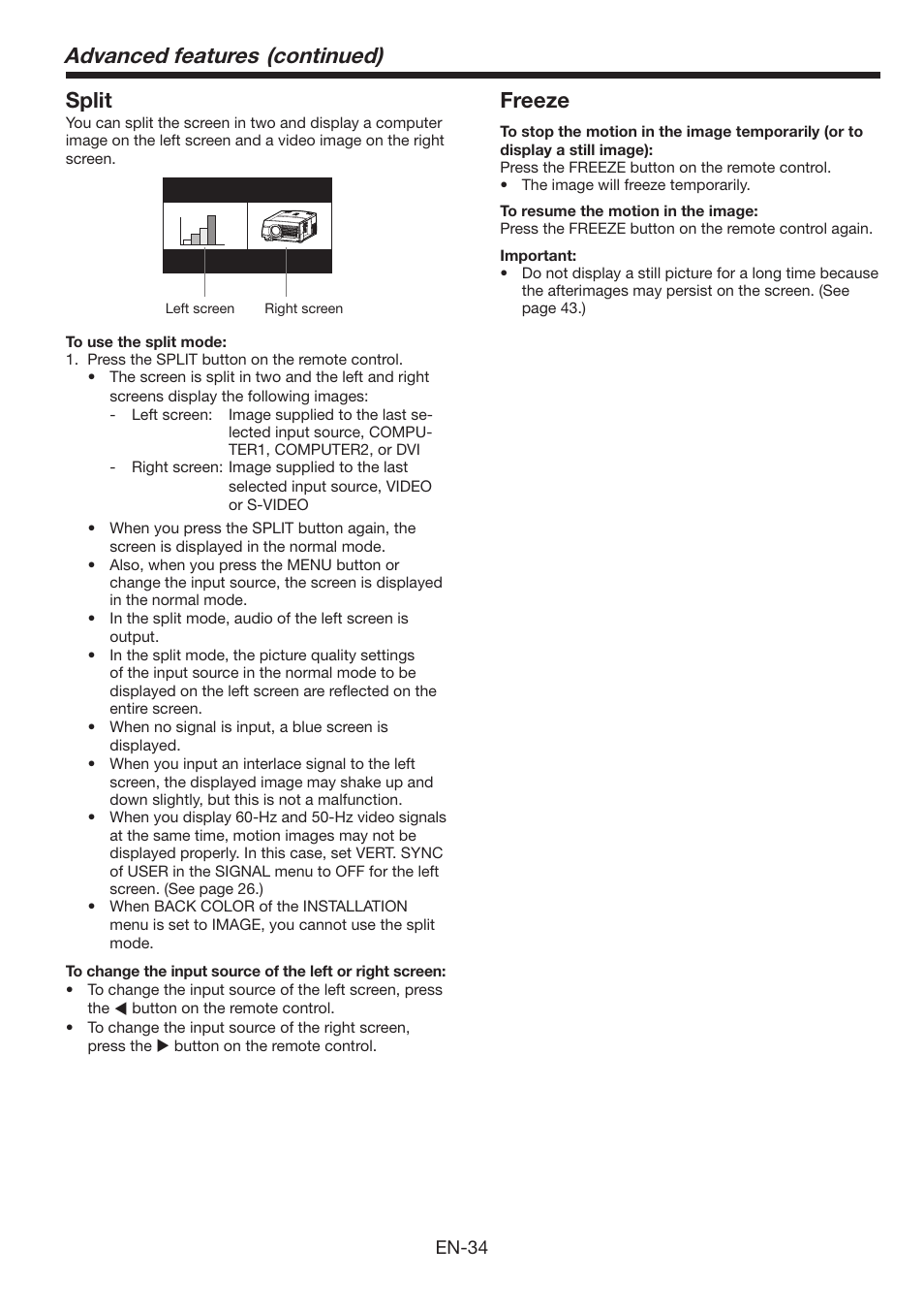 Advanced features (continued), Split, Freeze | MITSUBISHI ELECTRIC FL6900U User Manual | Page 34 / 48