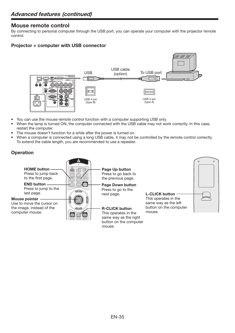 Advanced features (continued), Mouse remote control, En-35 | Projector + computer with usb connector operation | MITSUBISHI ELECTRIC FL6900U User Manual | Page 35 / 48