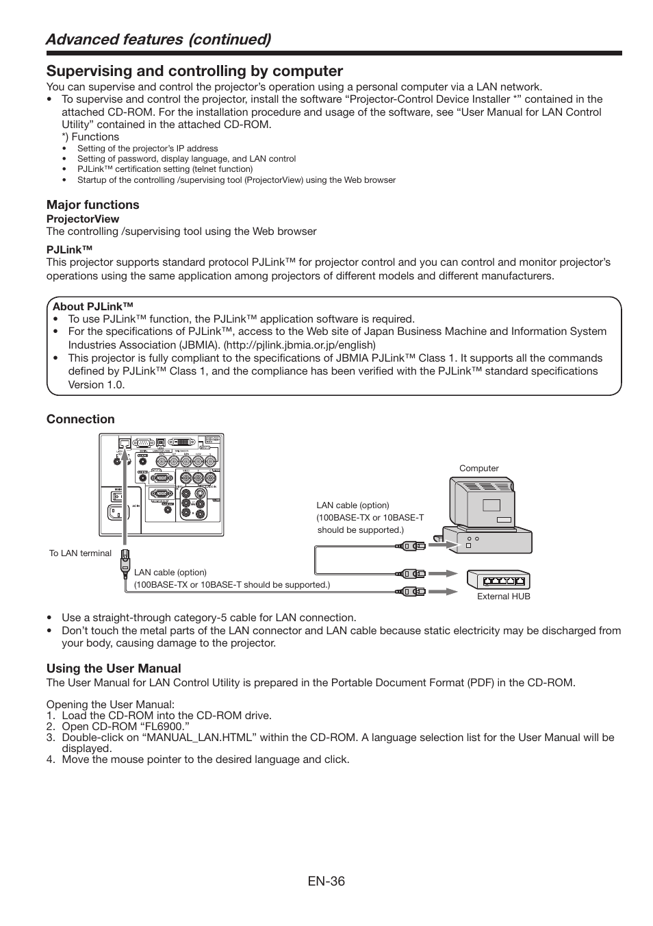 Advanced features (continued), Supervising and controlling by computer, En-36 | MITSUBISHI ELECTRIC FL6900U User Manual | Page 36 / 48