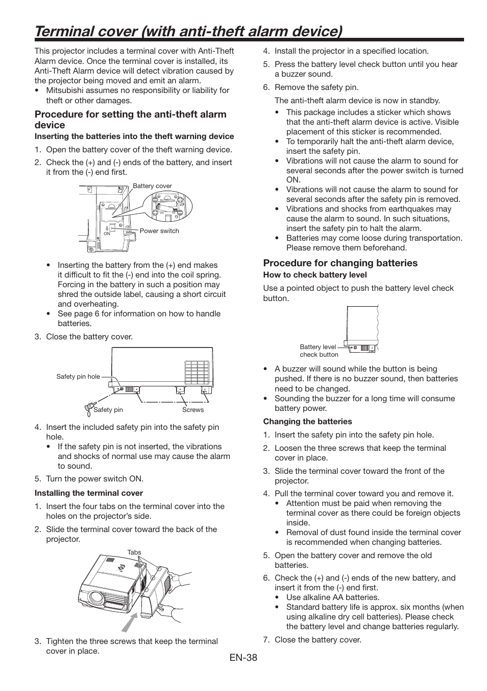 Terminal cover (with anti-theft alarm device) | MITSUBISHI ELECTRIC FL6900U User Manual | Page 38 / 48