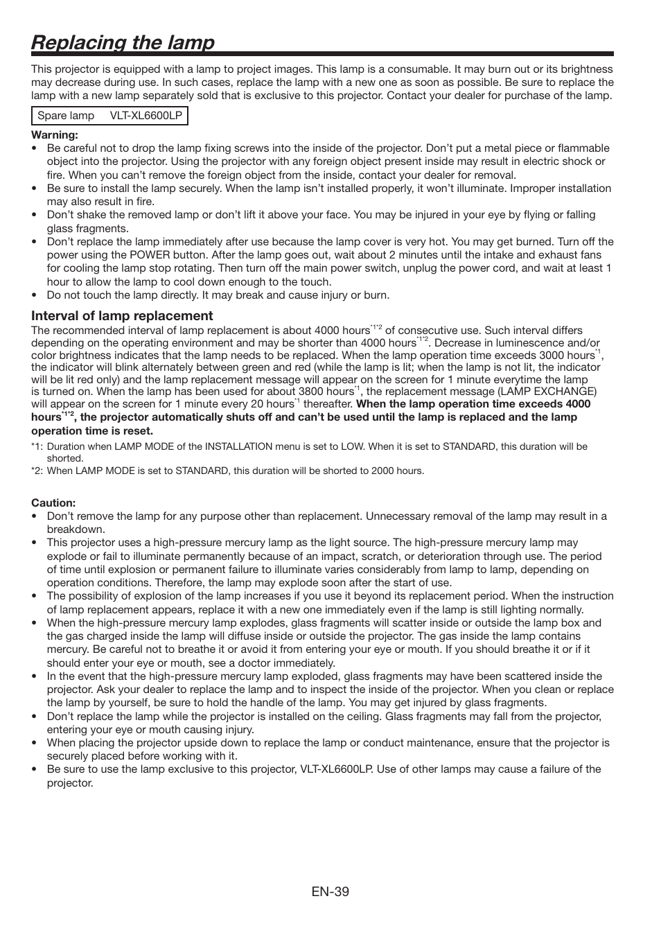 Replacing the lamp, En-39, Interval of lamp replacement | MITSUBISHI ELECTRIC FL6900U User Manual | Page 39 / 48