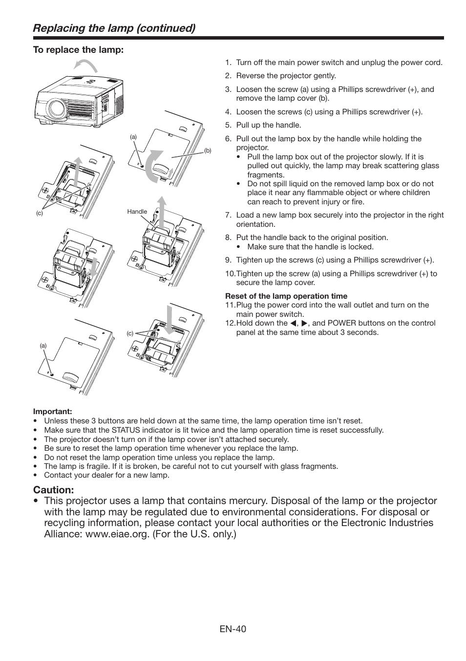 Replacing the lamp (continued) | MITSUBISHI ELECTRIC FL6900U User Manual | Page 40 / 48