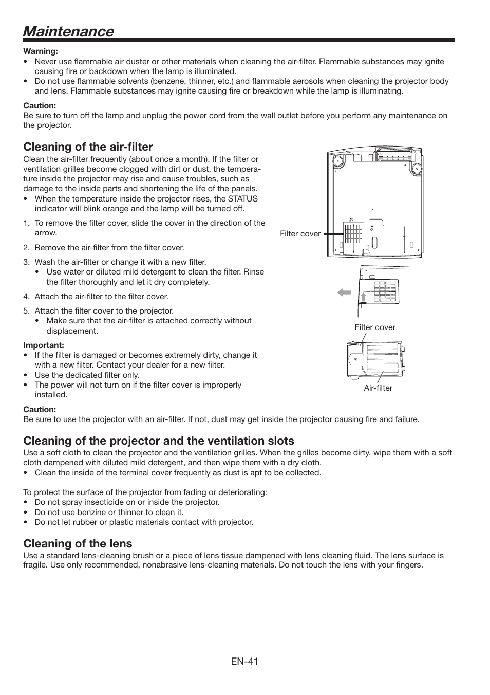 Maintenance, Cleaning of the air-fi lter, Cleaning of the lens | MITSUBISHI ELECTRIC FL6900U User Manual | Page 41 / 48