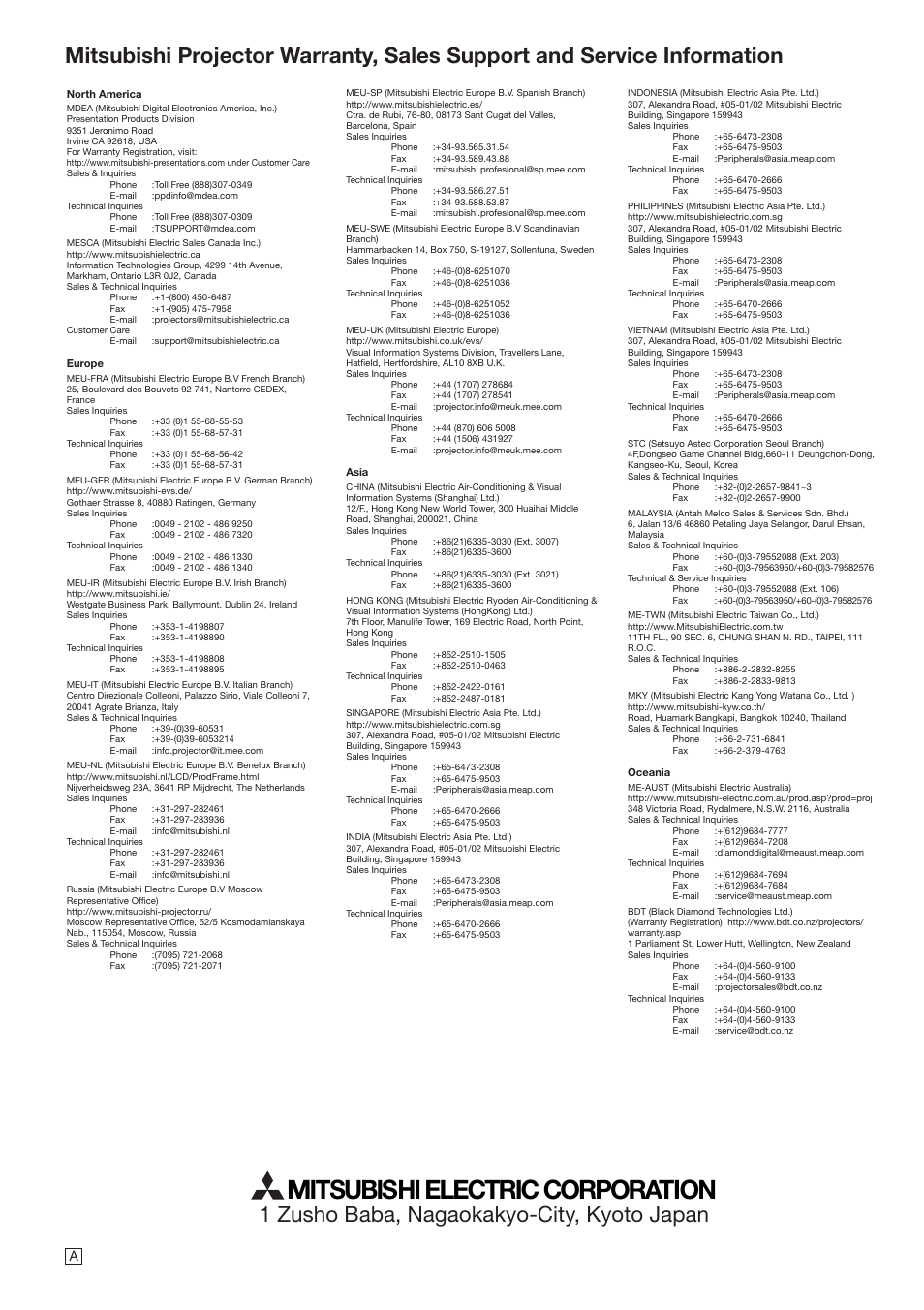 Mitsubishi electric corporation, 1 zusho baba, nagaokakyo-city, kyoto japan | MITSUBISHI ELECTRIC FL6900U User Manual | Page 48 / 48