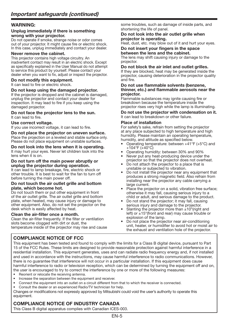 Important safeguards (continued) | MITSUBISHI ELECTRIC FL6900U User Manual | Page 5 / 48