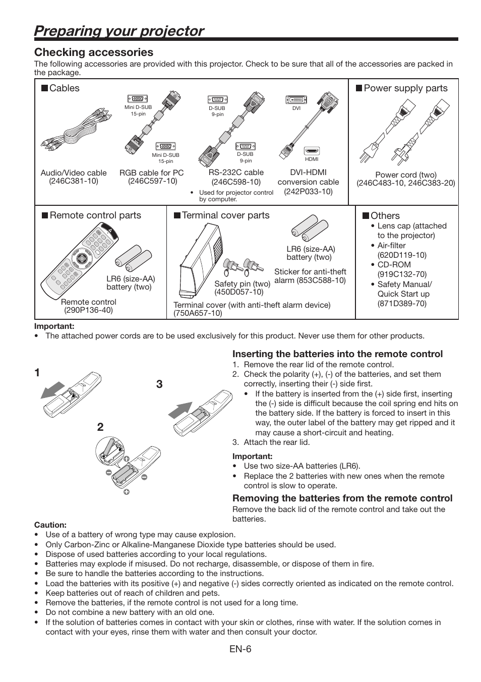 Preparing your projector, 12 3 checking accessories | MITSUBISHI ELECTRIC FL6900U User Manual | Page 6 / 48