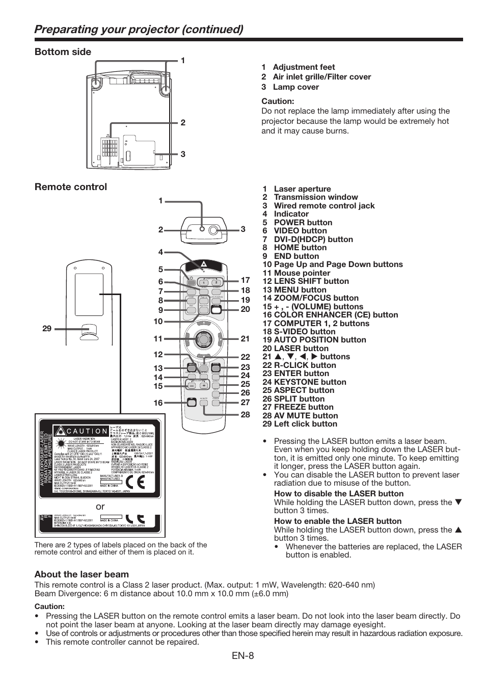 Preparating your projector (continued), En-8, Bottom side | Remote control, About the laser beam | MITSUBISHI ELECTRIC FL6900U User Manual | Page 8 / 48