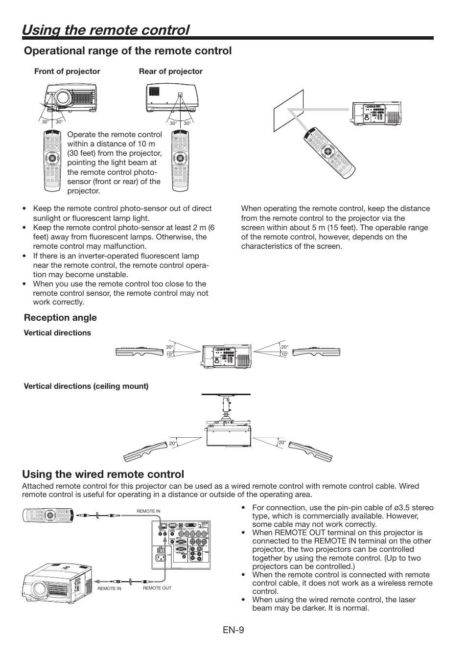 Using the remote control, Operational range of the remote control, Using the wired remote control | En-9, Reception angle | MITSUBISHI ELECTRIC FL6900U User Manual | Page 9 / 48