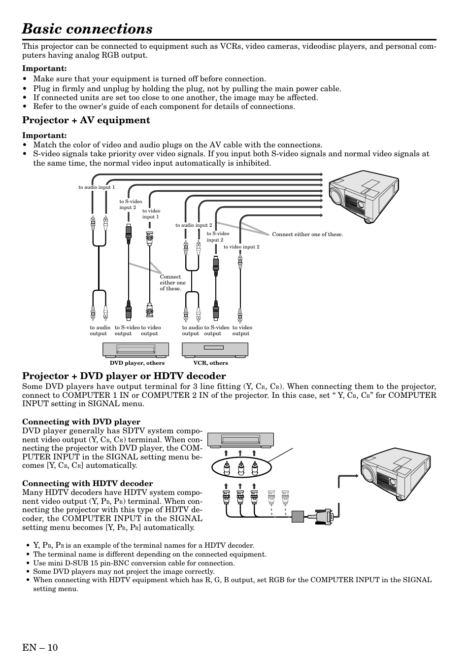 Basic connections, En – 10, Projector + av equipment | Projector + dvd player or hdtv decoder, Automatically, Y, p | MITSUBISHI ELECTRIC LVP-X300U User Manual | Page 10 / 34