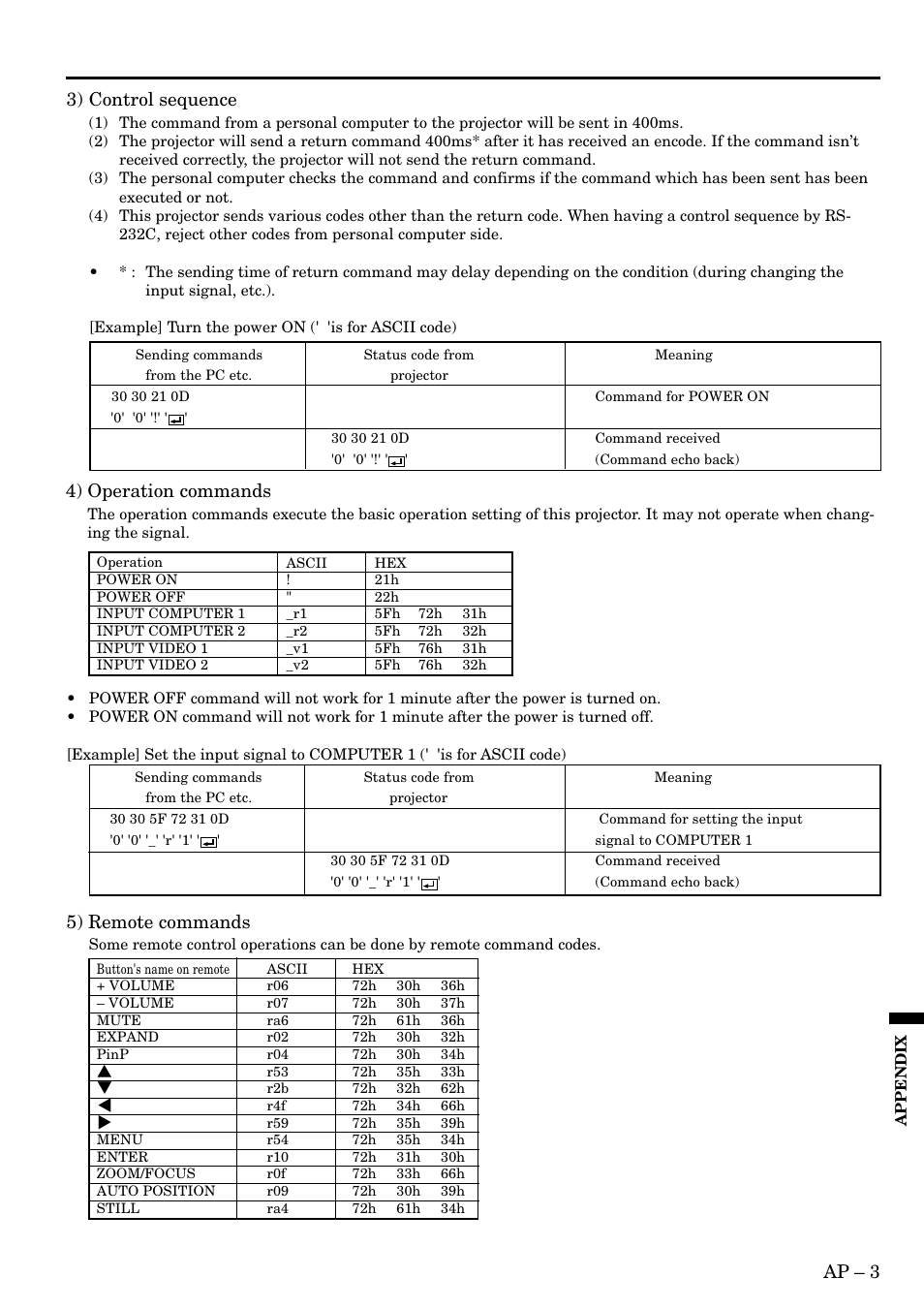 Ap – 3 3) control sequence, 4) operation commands, 5) remote commands | MITSUBISHI ELECTRIC LVP-X300U User Manual | Page 30 / 34