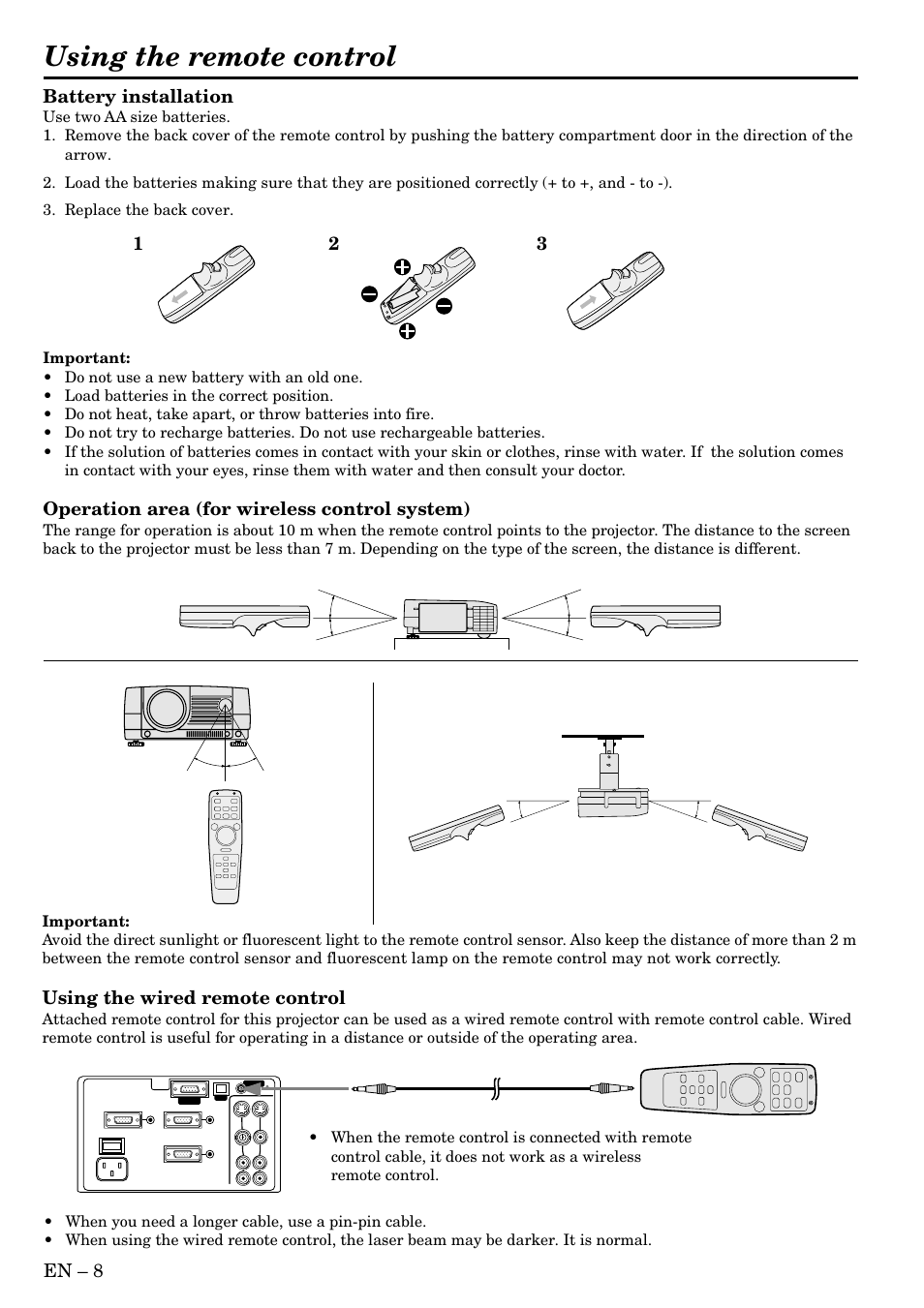 Using the remote control, En – 8 battery installation, Operation area (for wireless control system) | Using the wired remote control | MITSUBISHI ELECTRIC LVP-X300U User Manual | Page 8 / 34