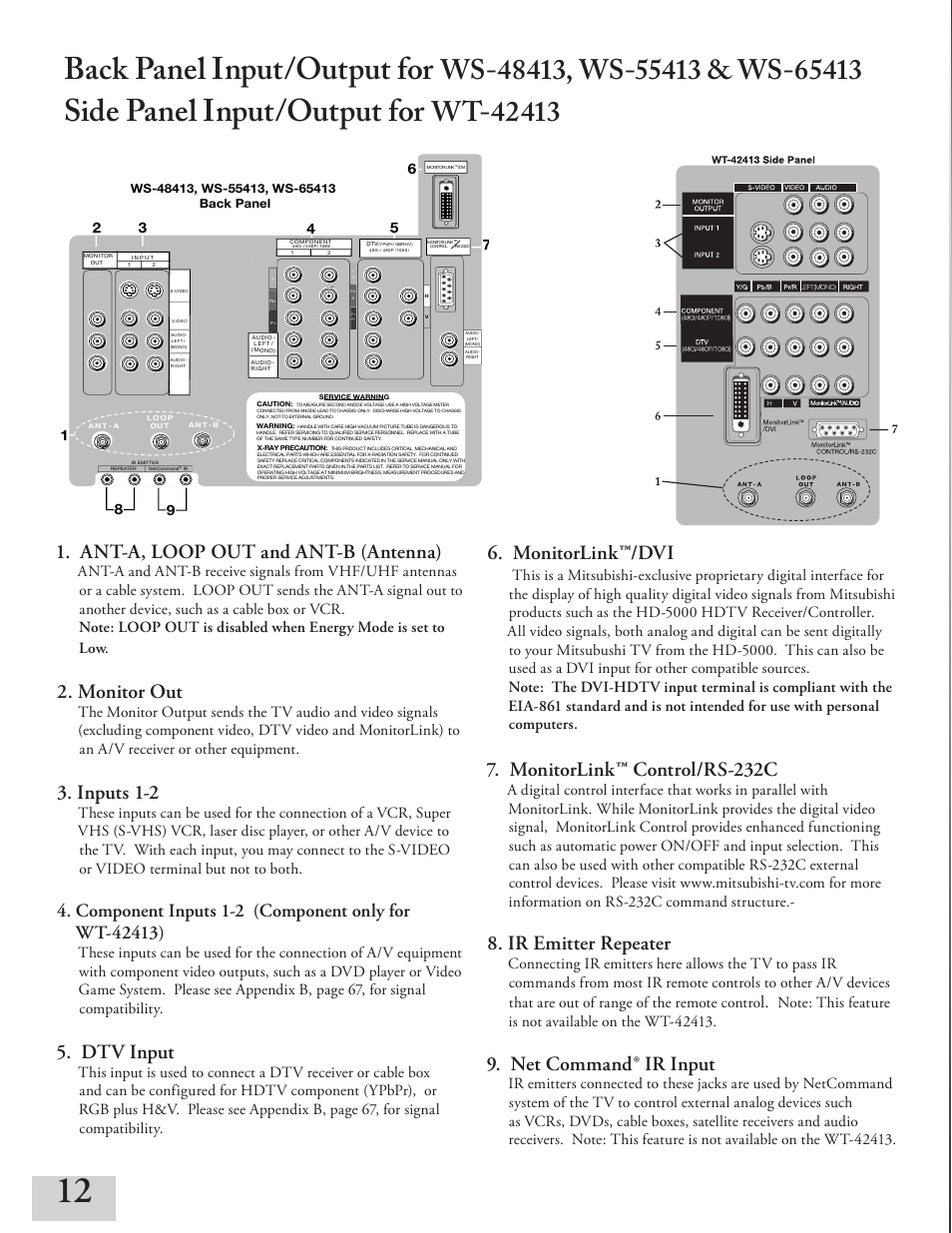 Chapter, Back panel input/output for, Side panel input/output for | Ws-, ws- & ws, Ant-a, loop out and ant-b (antenna), Monitor out, Inputs 1-2, Dtv input, Monitorlink™/dvi, Monitorlink™ control/rs-232c | MITSUBISHI ELECTRIC ws-55413 User Manual | Page 12 / 80