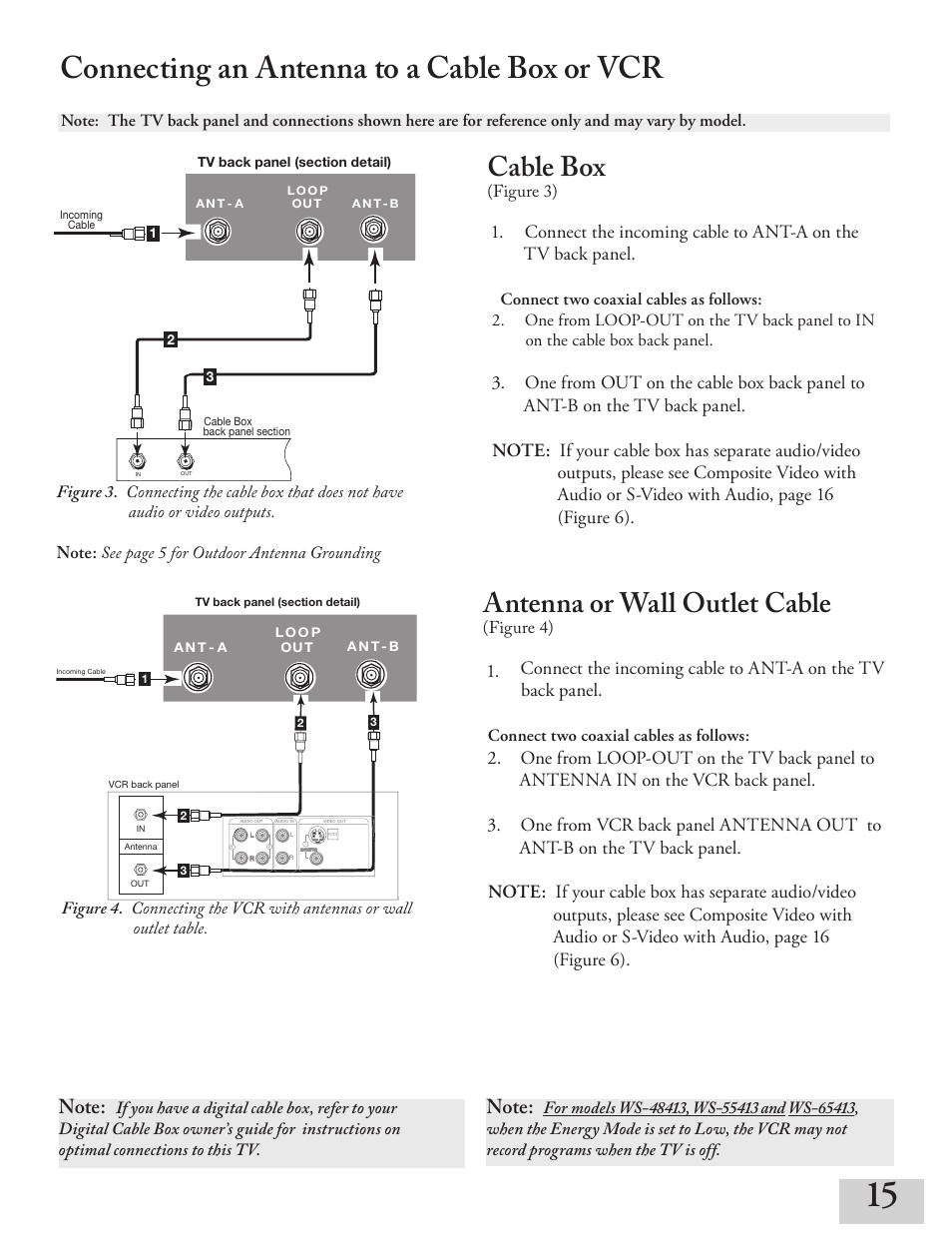 Connecting an antenna to a cable box or vcr, Cable box, Antenna or wall outlet cable | MITSUBISHI ELECTRIC ws-55413 User Manual | Page 15 / 80