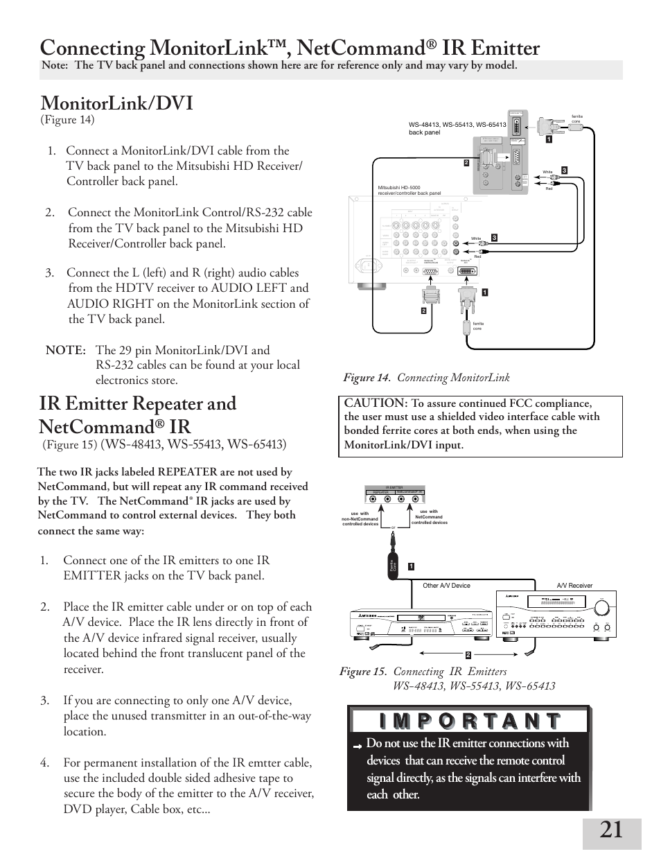 Connecting monitorlink™, netcommand® ir emitter, Monitorlink/dvi, Ir emitter repeater and netcommand® ir | Ws-, ws-, ws-), Caution, Figure 14), Figure 15) | MITSUBISHI ELECTRIC ws-55413 User Manual | Page 21 / 80