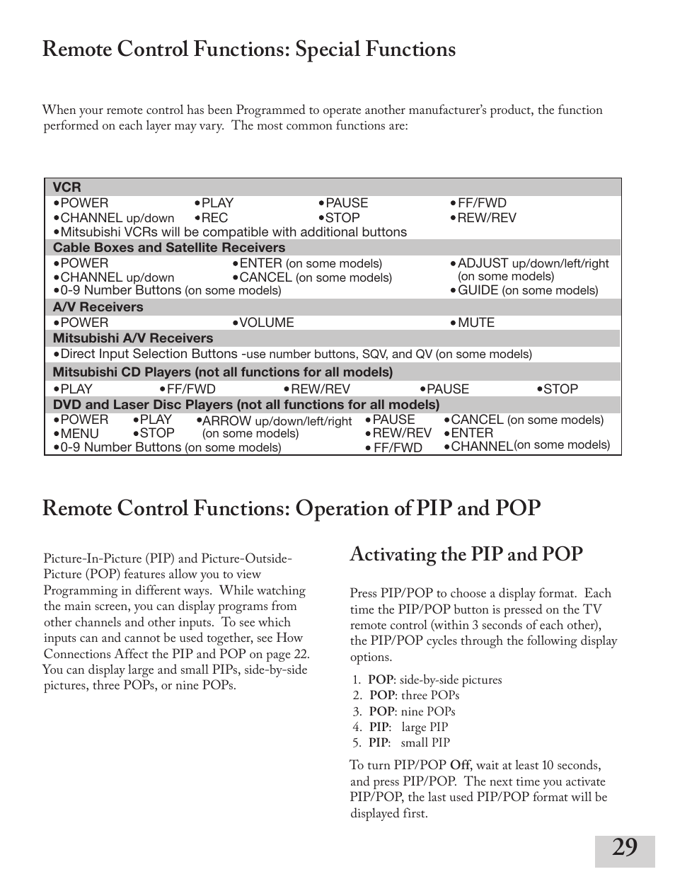 Remote control functions: special functions, Remote control functions: operation of pip and pop, Activating the pip and pop | MITSUBISHI ELECTRIC ws-55413 User Manual | Page 29 / 80