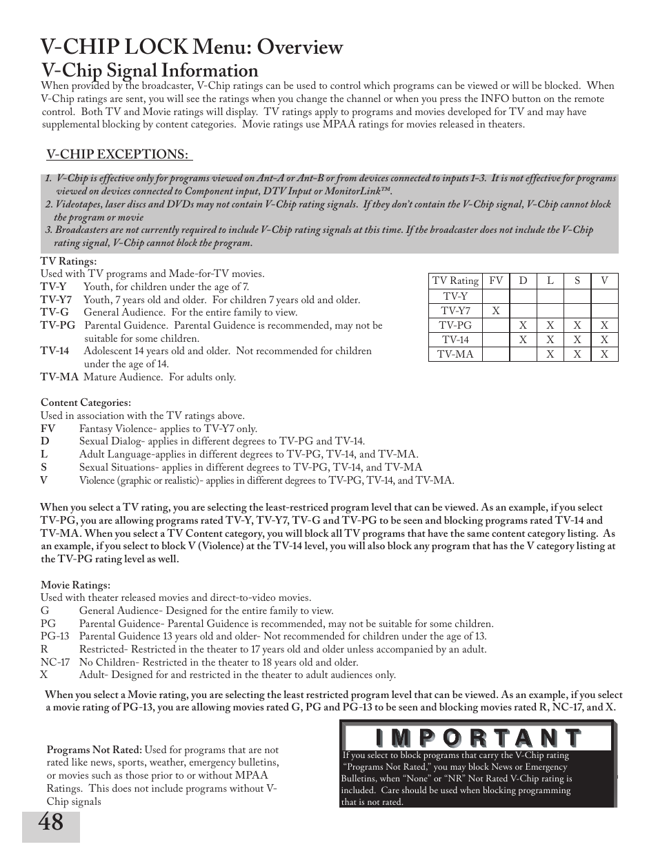 V-chip lock menu: overview, V-chip signal information | MITSUBISHI ELECTRIC ws-55413 User Manual | Page 48 / 80