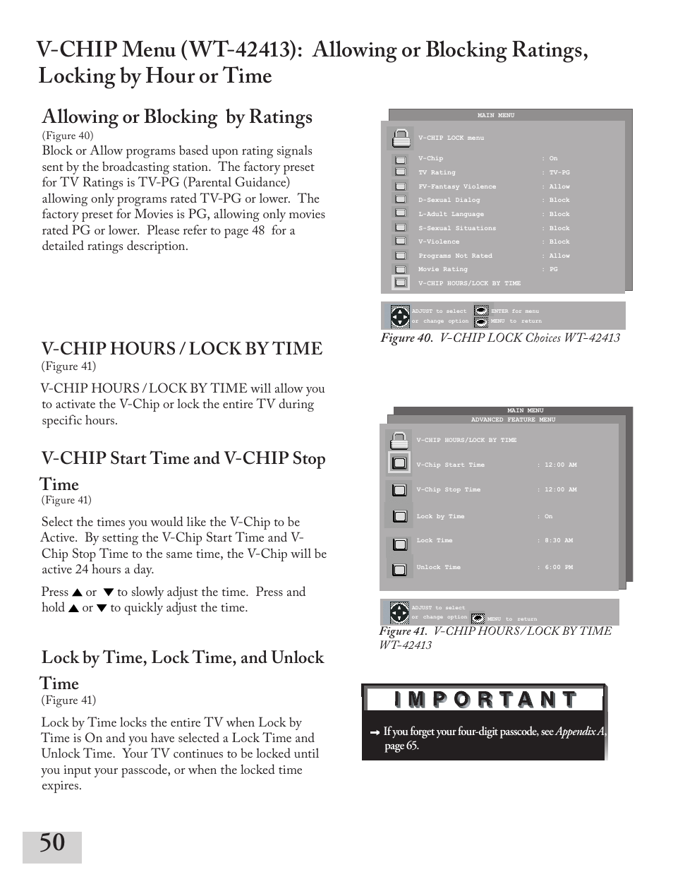 Allowing or blocking by ratings, V-chip hours / lock by time, V-chip start time and v-chip stop time | Lock by time, lock time, and unlock time, Figure 41) | MITSUBISHI ELECTRIC ws-55413 User Manual | Page 50 / 80