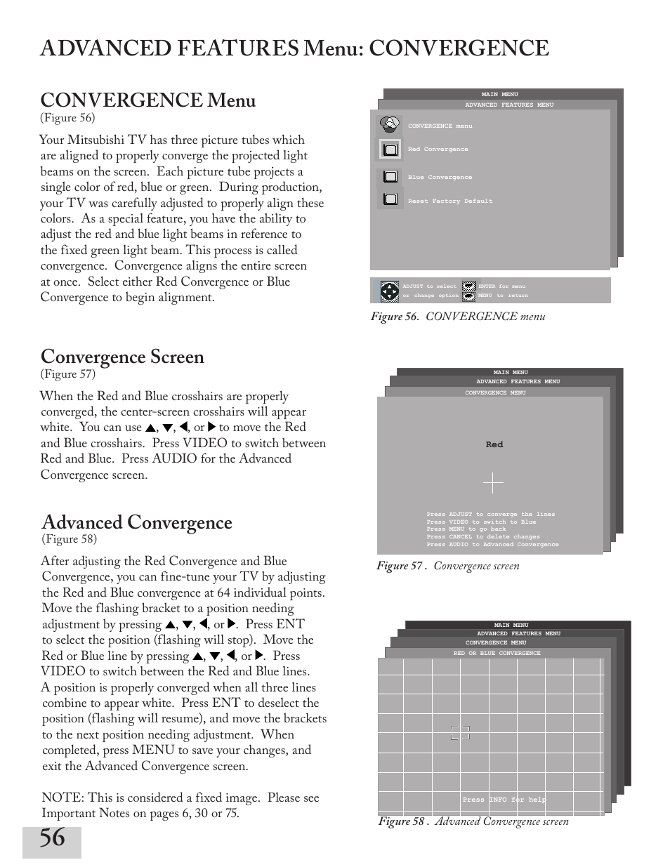 Advanced features menu: convergence, Convergence menu, Convergence screen | Advanced convergence | MITSUBISHI ELECTRIC ws-55413 User Manual | Page 56 / 80