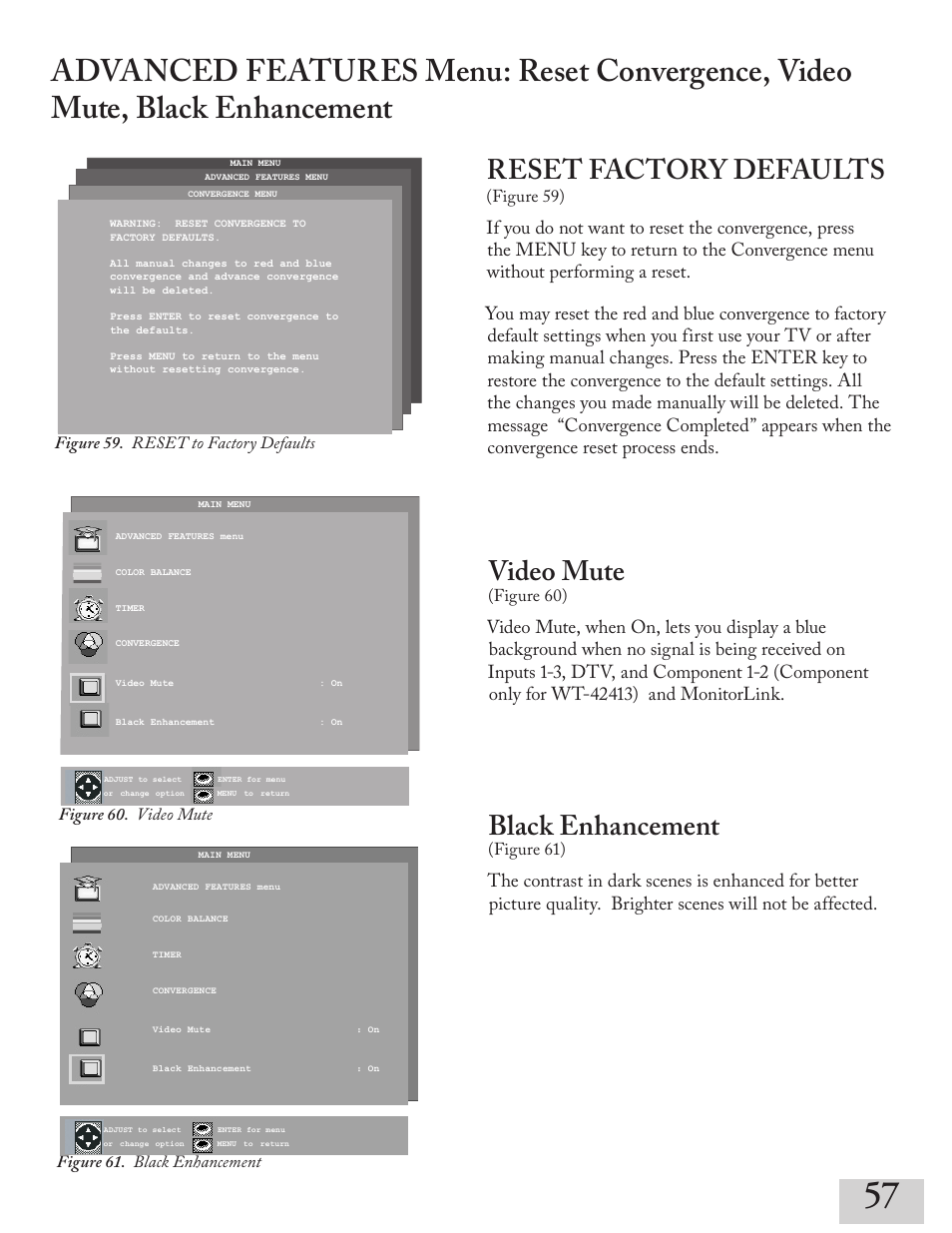 Video mute, Black enhancement, Reset factory defaults | Figure 60), Figure 61), Figure 59), Figure 59. reset to factory defaults, Figure 60. video mute, Figure 61. black enhancement | MITSUBISHI ELECTRIC ws-55413 User Manual | Page 57 / 80