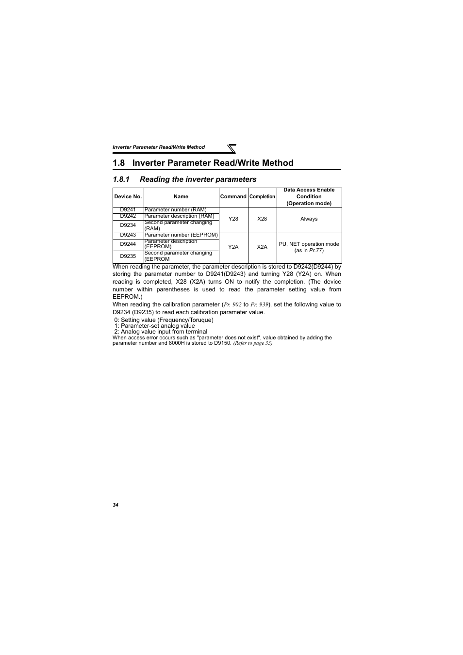 8 inverter parameter read/write method, 1 reading the inverter parameters, Inverter parameter read/write method | Reading the inverter parameters | MITSUBISHI ELECTRIC 700 Series User Manual | Page 39 / 183