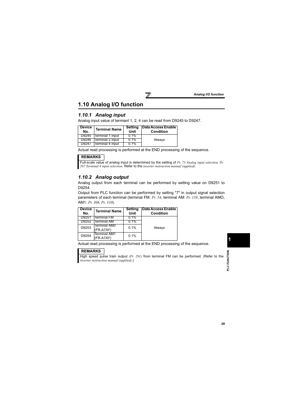 10 analog i/o function, 1 analog input, 2 analog output | 1 analog input 1.10.2 analog output | MITSUBISHI ELECTRIC 700 Series User Manual | Page 44 / 183