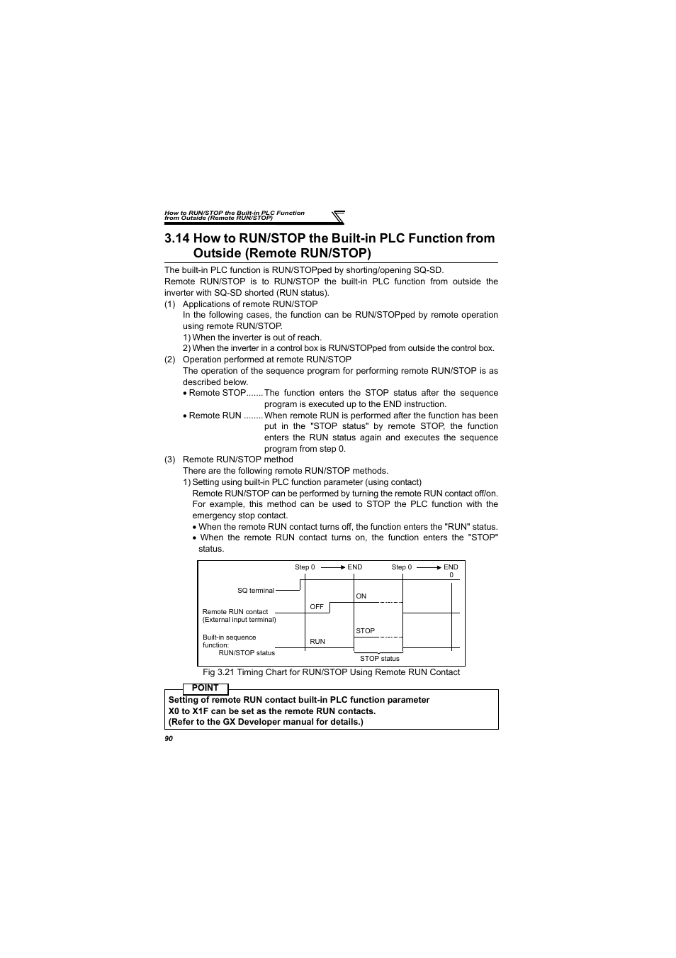 Mote run/stop), 14 how to run/stop the built-in plc function, From outside (remote run/stop) | MITSUBISHI ELECTRIC 700 Series User Manual | Page 95 / 183