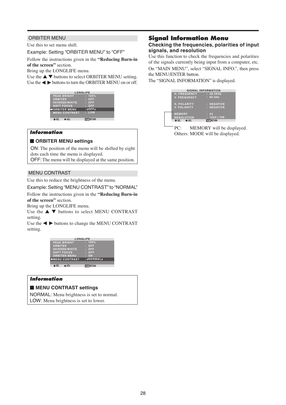 Signal information menu, Buttons to turn the orbiter menu on or off, Buttons to change the menu contrast setting | MITSUBISHI ELECTRIC PD-6150 User Manual | Page 37 / 46