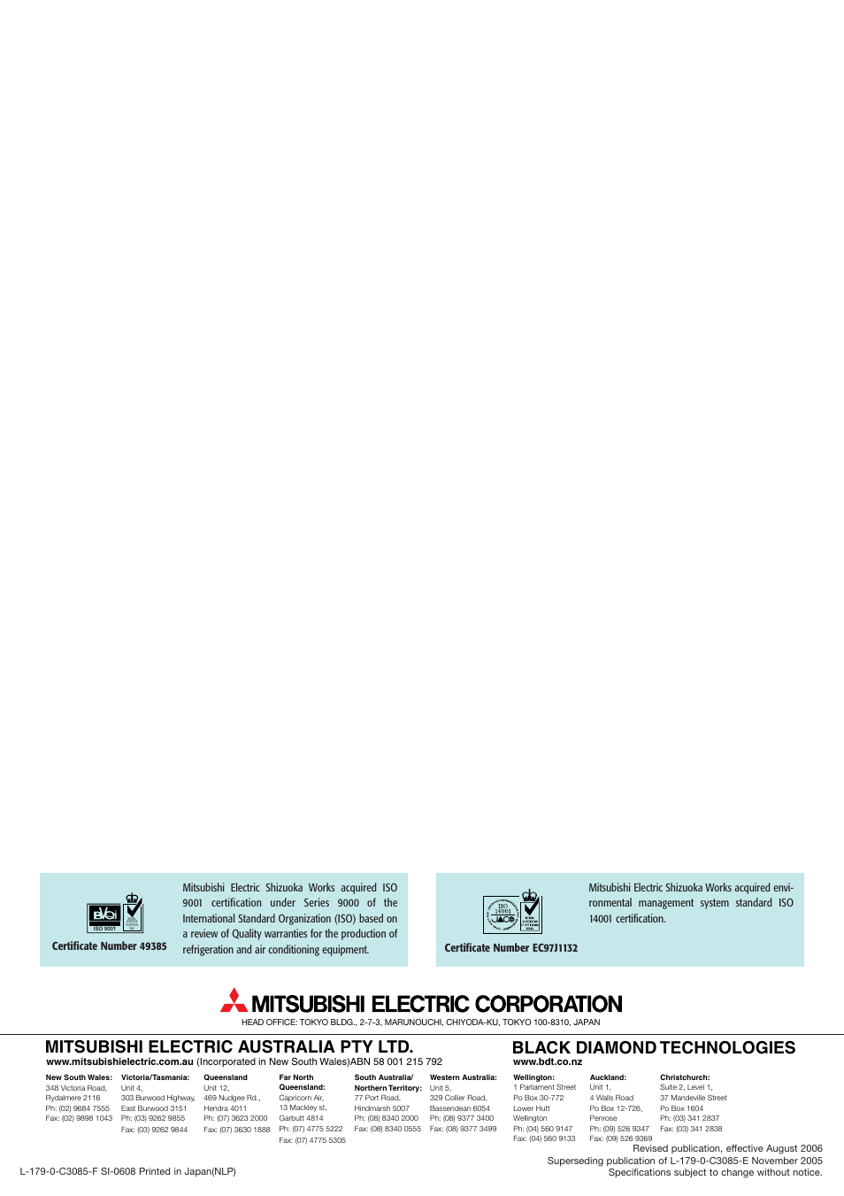 Black diamond technologies, Mitsubishi electric australia pty ltd | MITSUBISHI ELECTRIC PEH-3EAKPEH-2.5EAK User Manual | Page 16 / 16