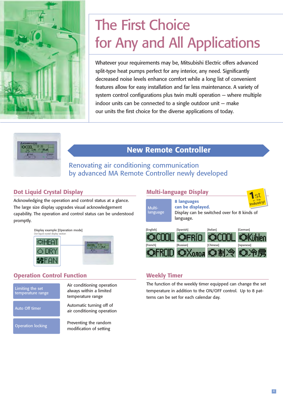 The first choice for any and all applications, New remote controller, Multi-language display weekly timer | Dot liquid crystal display, Operation control function | MITSUBISHI ELECTRIC PEH-3EAKPEH-2.5EAK User Manual | Page 5 / 16