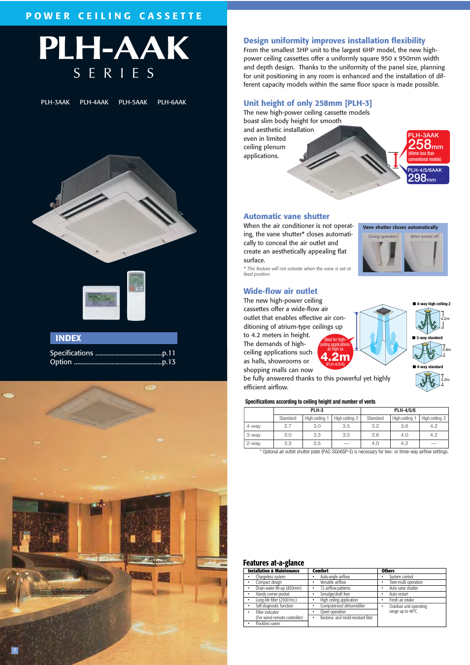 Plh-aak, Index, Unit height of only 258mm [plh-3 | Automatic vane shutter, Wide-flow air outlet, Features at-a-glance | MITSUBISHI ELECTRIC PEH-3EAKPEH-2.5EAK User Manual | Page 8 / 16