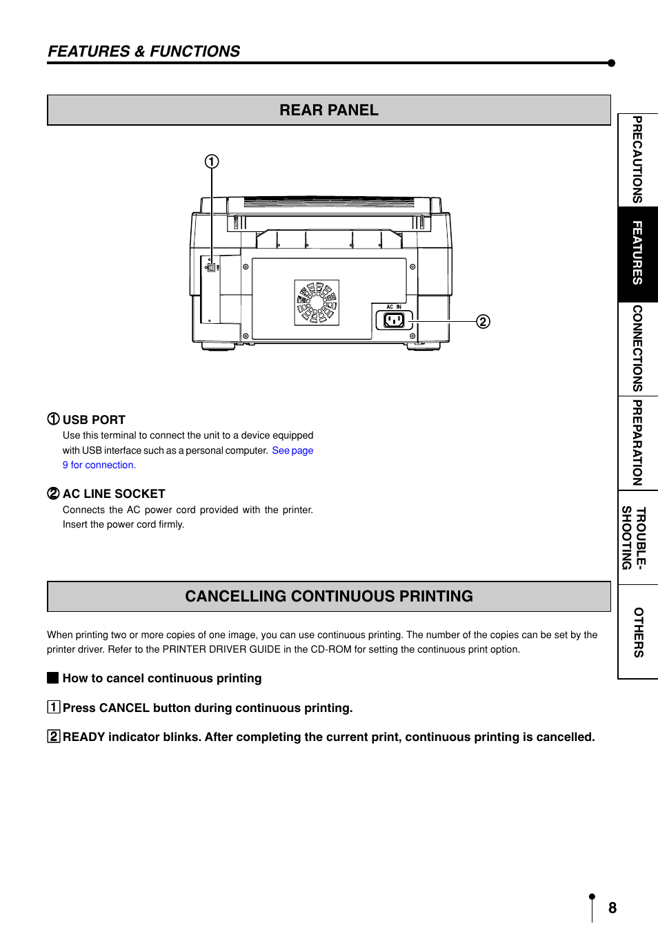 Rear panel, Cancelling continuous printing, Continuous printing | MITSUBISHI ELECTRIC CP3020DAE User Manual | Page 10 / 24