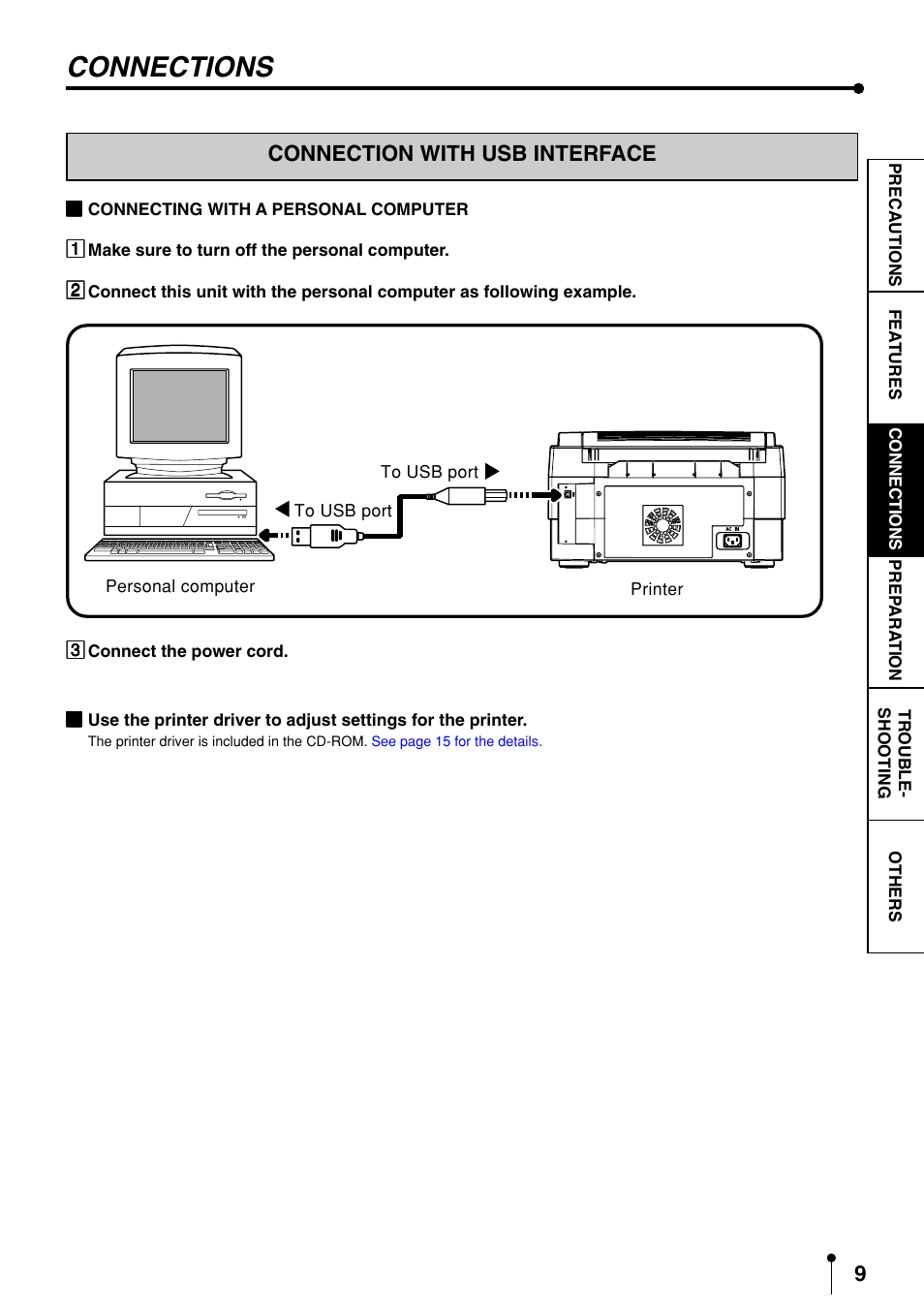 Connections, Connection with usb interface, 9 for connection | MITSUBISHI ELECTRIC CP3020DAE User Manual | Page 11 / 24