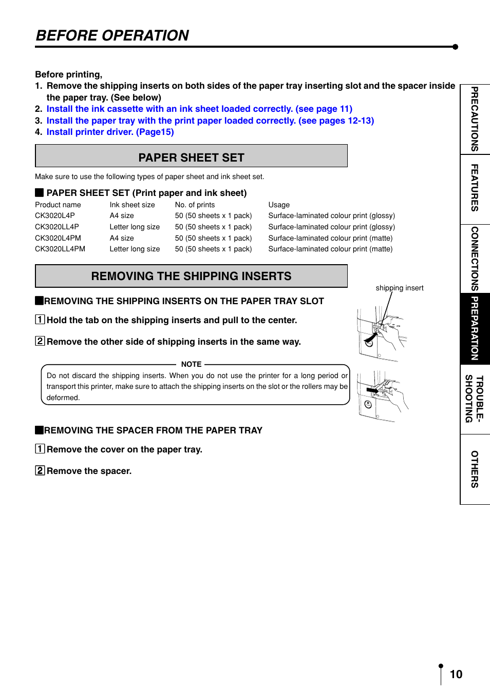 Tion, Before operation -16, Paper sheet set | Removing the shipping inserts, Before operation | MITSUBISHI ELECTRIC CP3020DAE User Manual | Page 12 / 24