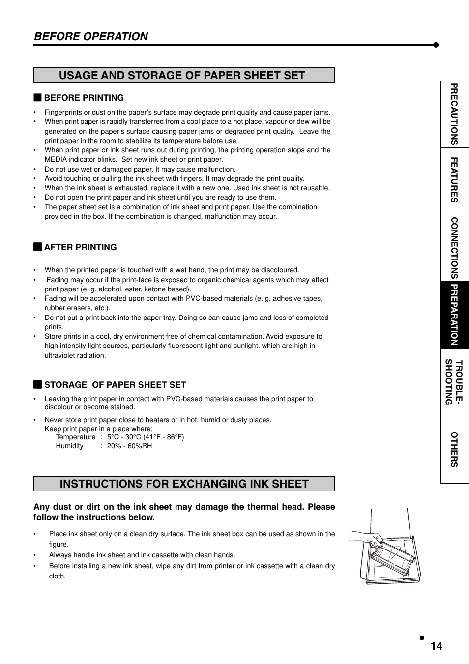 Usage and storage of paper sheet set, Instructions for exchanging ink sheet | MITSUBISHI ELECTRIC CP3020DAE User Manual | Page 16 / 24