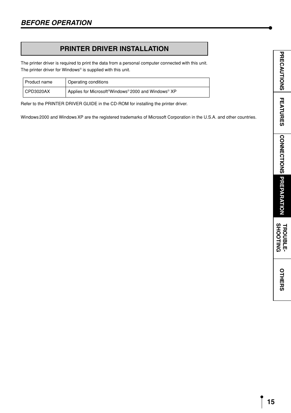 Printer driver installation, The printer driver is included in the cd-rom, Before operation | MITSUBISHI ELECTRIC CP3020DAE User Manual | Page 17 / 24