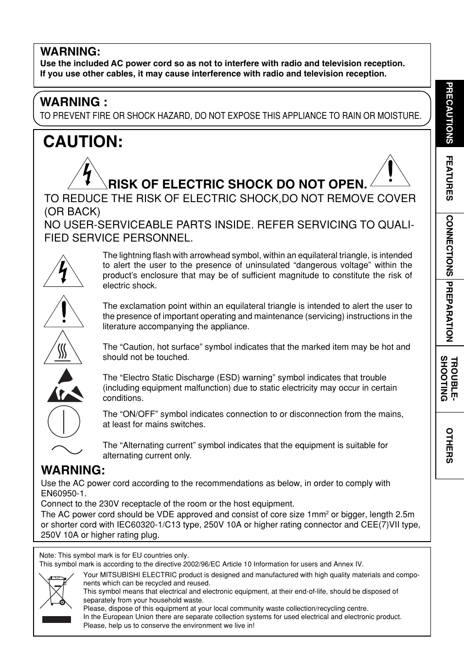 Caution, Warning, Risk of electric shock do not open | MITSUBISHI ELECTRIC CP3020DAE User Manual | Page 2 / 24