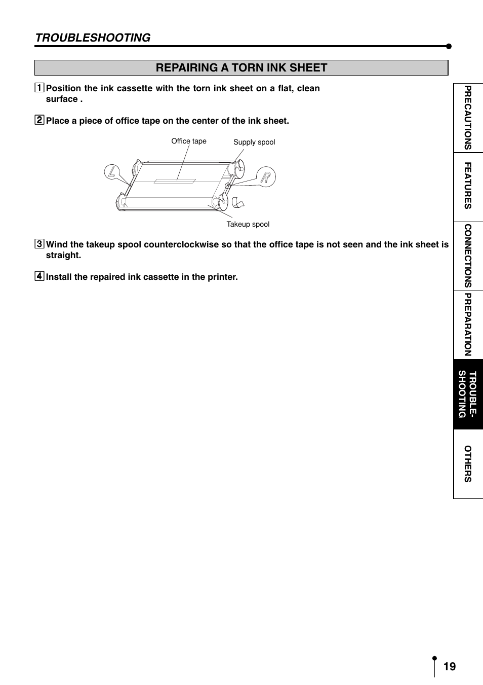 Repairing a torn ink sheet, Troubleshooting | MITSUBISHI ELECTRIC CP3020DAE User Manual | Page 21 / 24