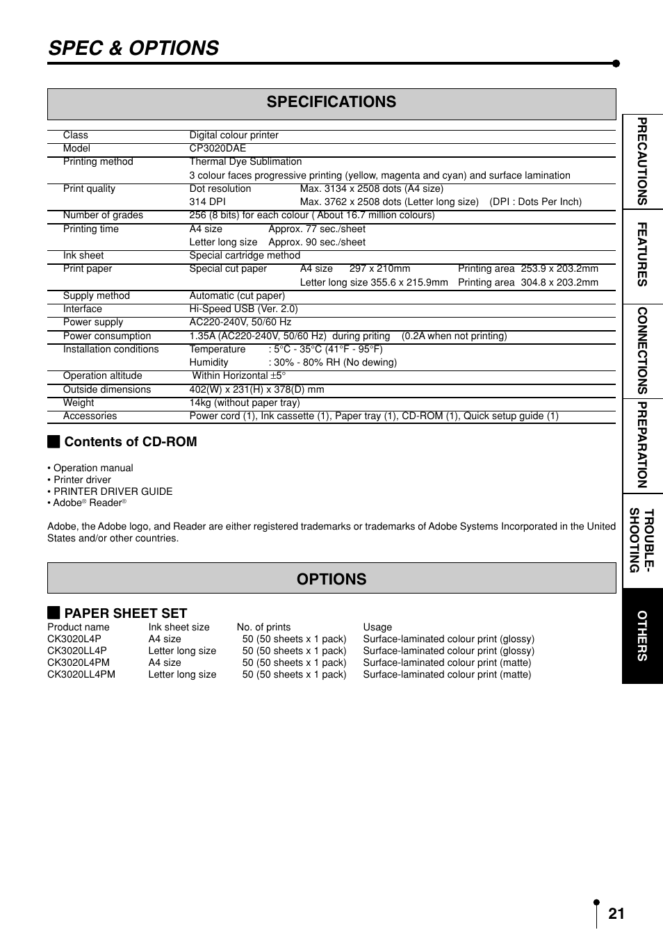 Others, Spec & options, Specifications | Options, 2contents of cd-rom, 2paper sheet set | MITSUBISHI ELECTRIC CP3020DAE User Manual | Page 23 / 24