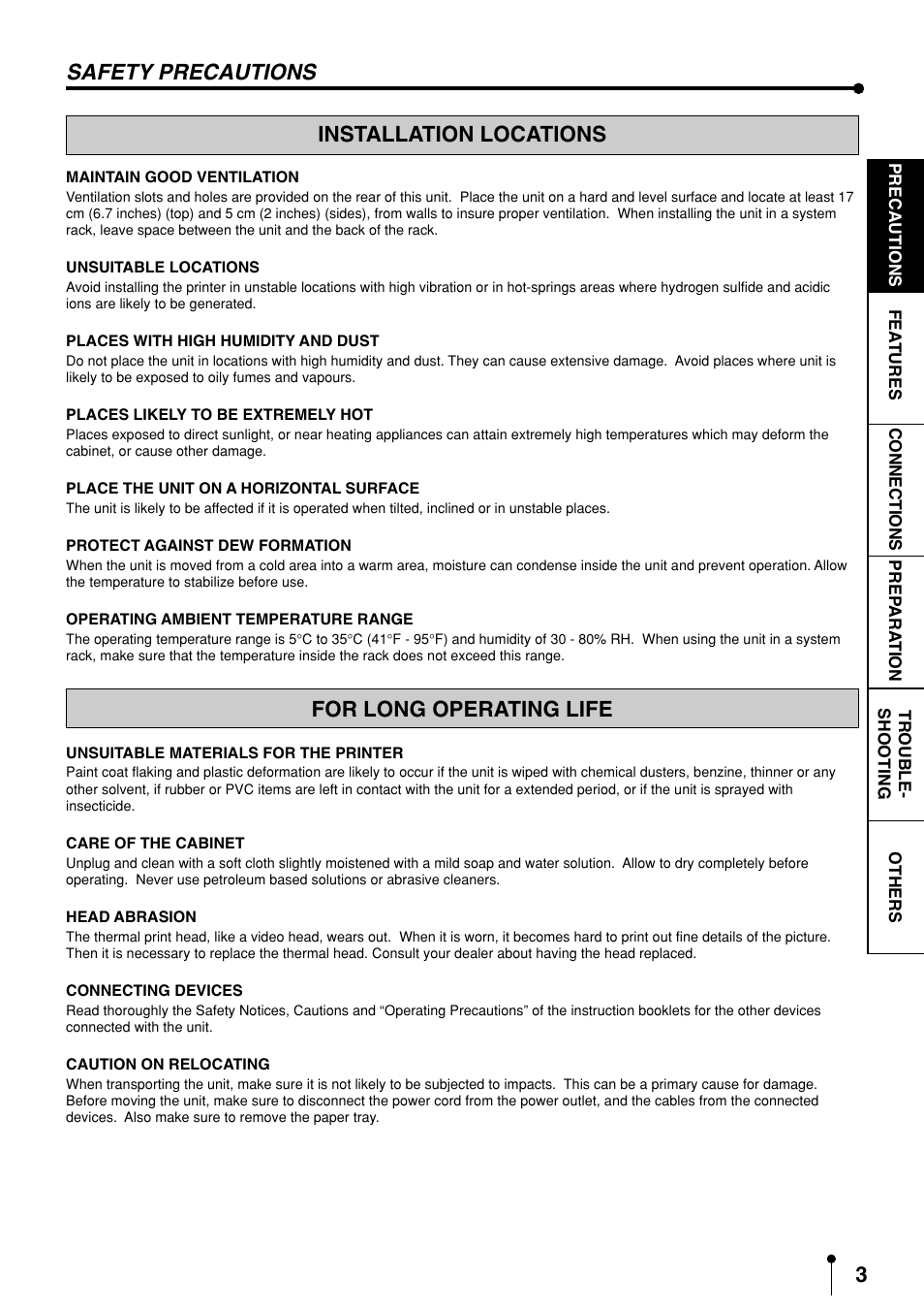 Installation locations, For long operating life, Safety precautions | MITSUBISHI ELECTRIC CP3020DAE User Manual | Page 5 / 24