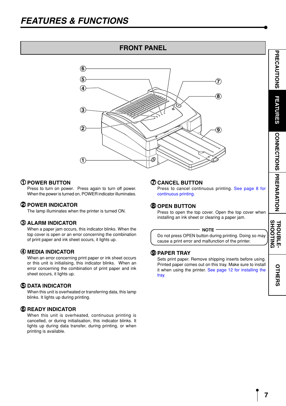 Tures, Features and functions -8, Front panel | Features & functions | MITSUBISHI ELECTRIC CP3020DAE User Manual | Page 9 / 24