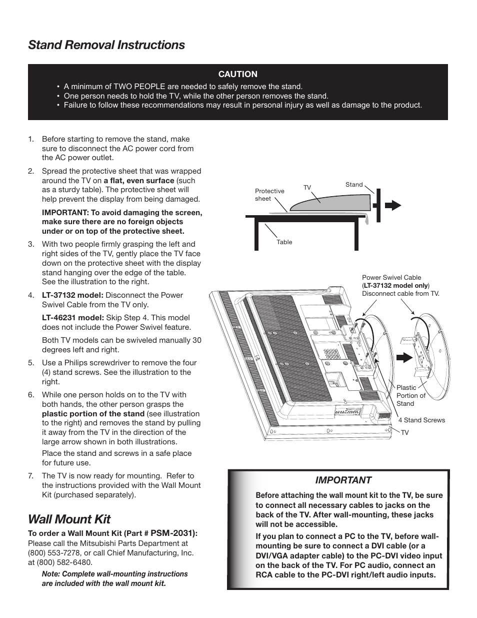 Stand removal instructions, Wall mount kit, Important | MITSUBISHI ELECTRIC LT-46231 User Manual | Page 10 / 122