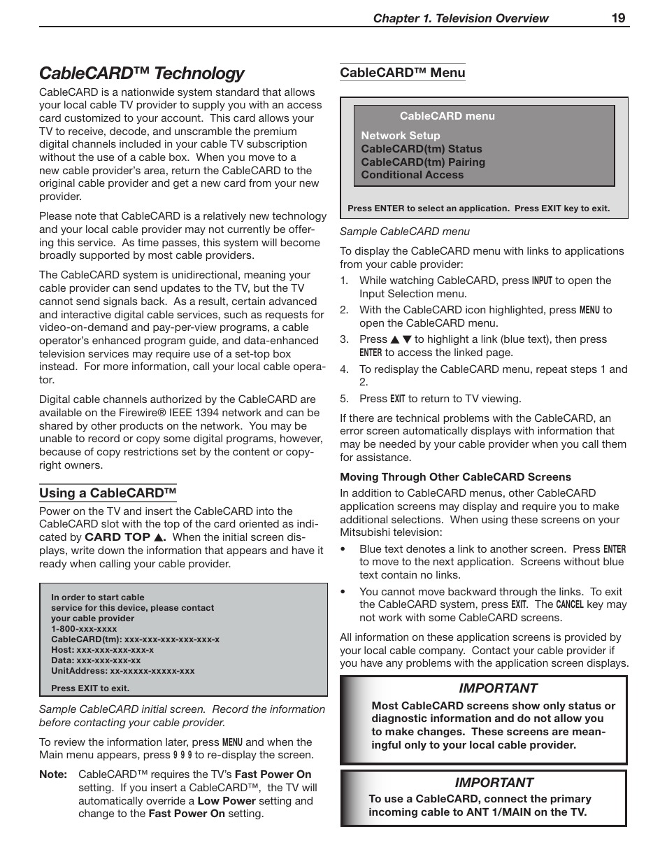 Cablecard™ technology | MITSUBISHI ELECTRIC LT-46231 User Manual | Page 19 / 122