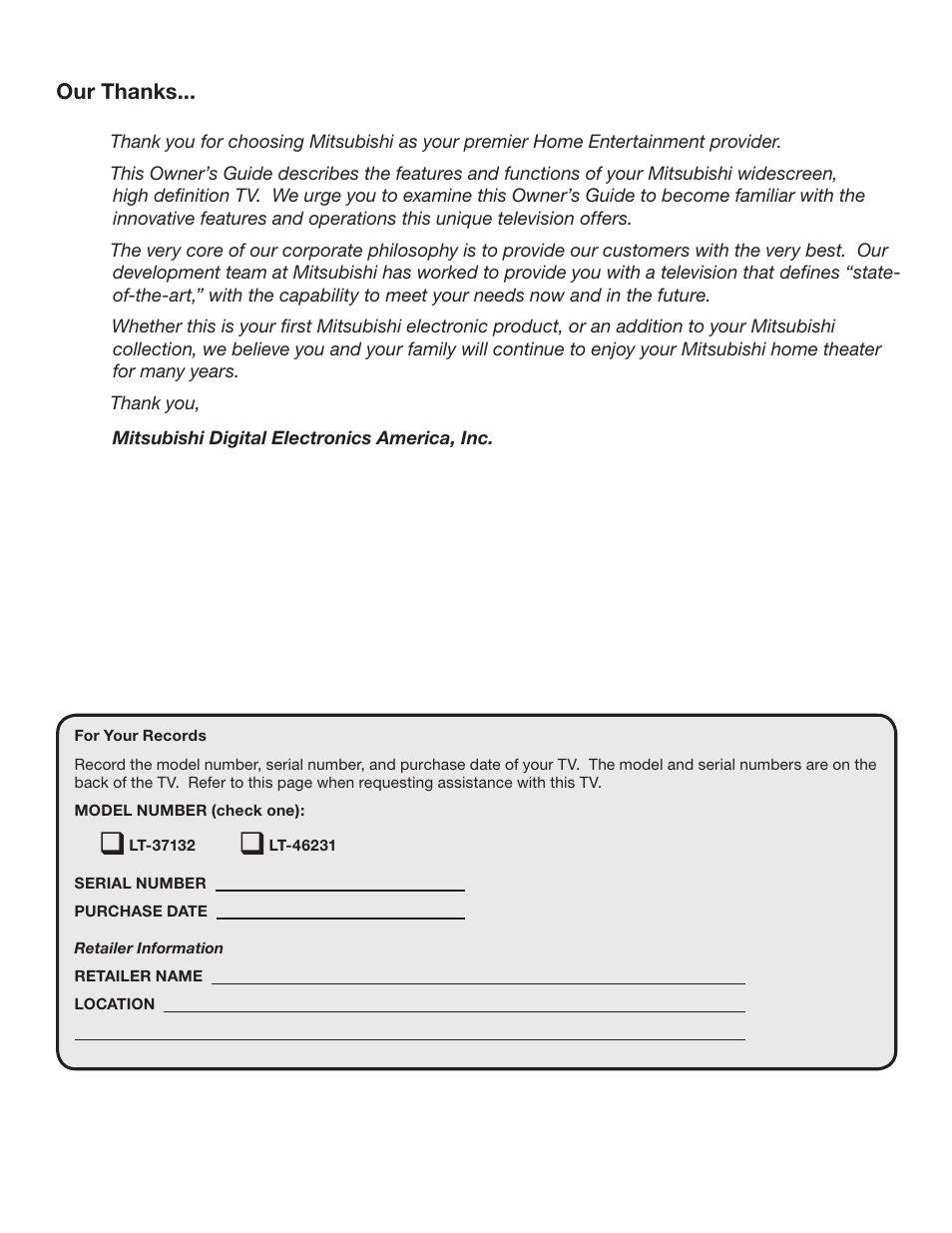 MITSUBISHI ELECTRIC LT-46231 User Manual | Page 3 / 122