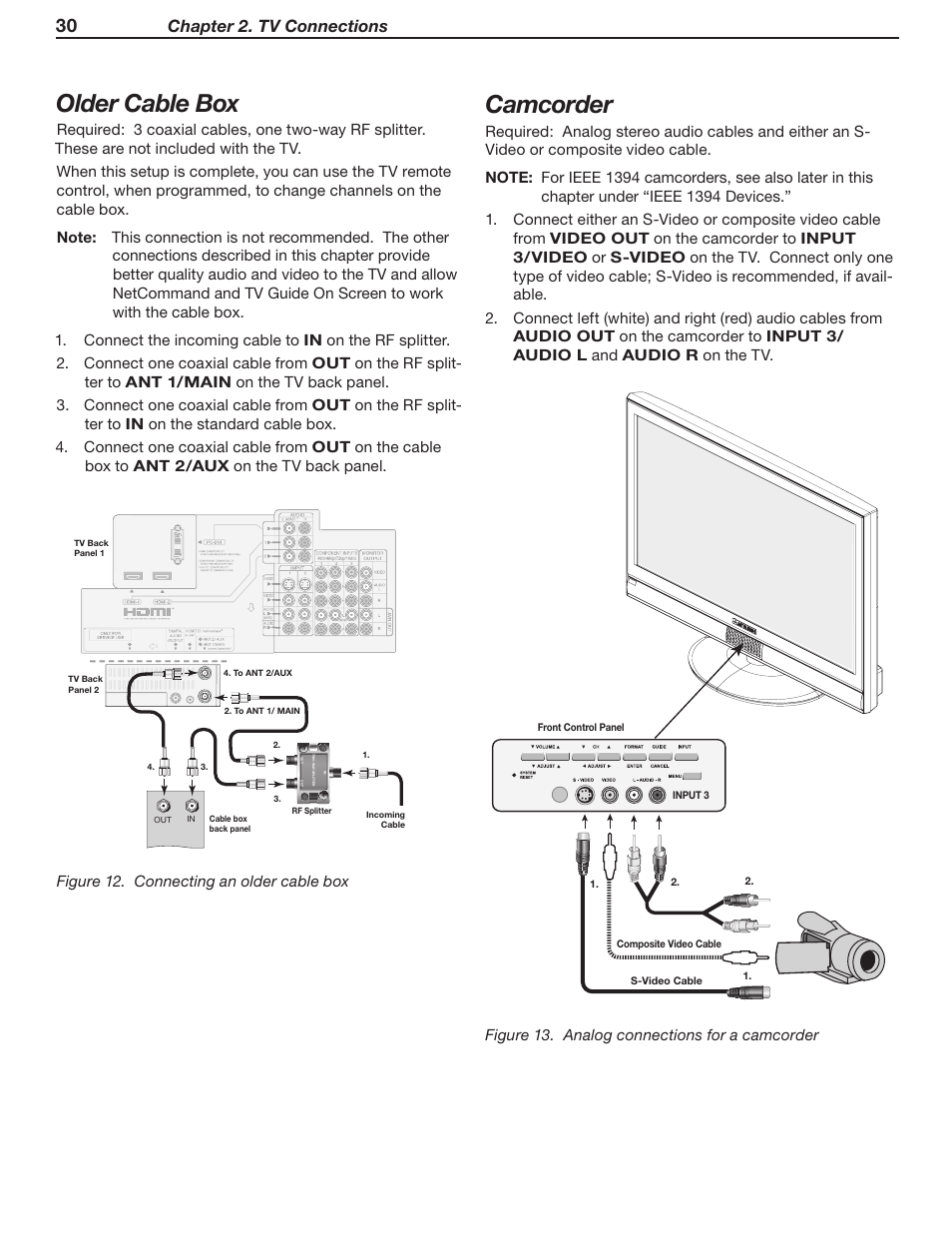 Older cable box, Camcorder, Chapter 2. tv connections | Figure 12. connecting an older cable box, Figure 13. analog connections for a camcorder | MITSUBISHI ELECTRIC LT-46231 User Manual | Page 30 / 122