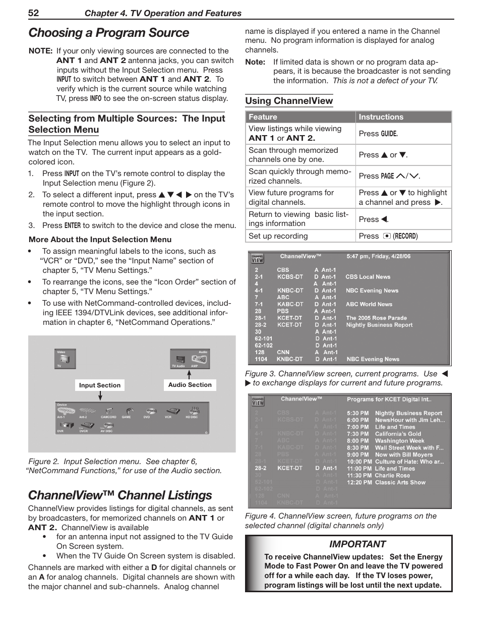 Choosing a program source, Channelview™ channel listings | MITSUBISHI ELECTRIC LT-46231 User Manual | Page 52 / 122