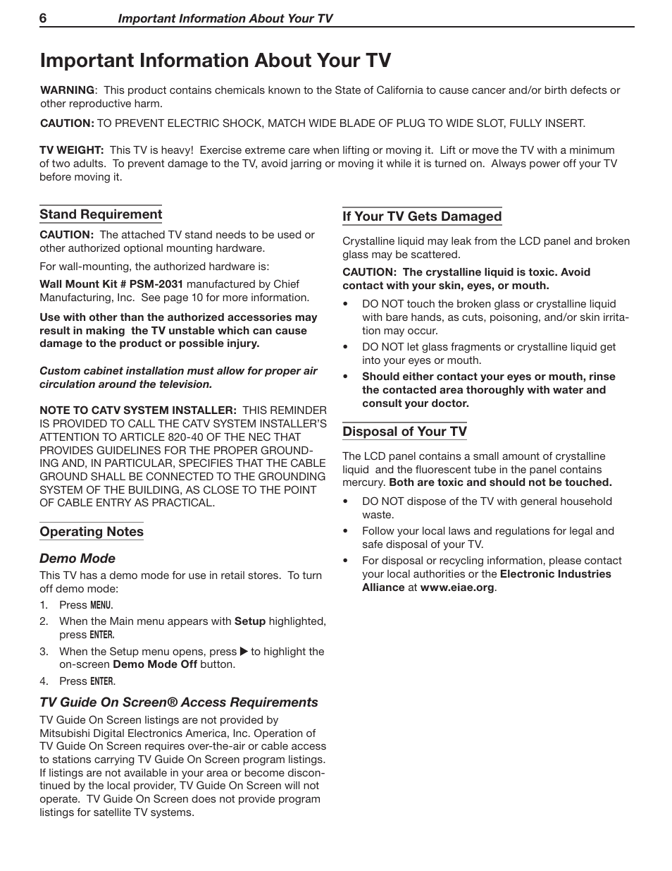 Important information about your tv | MITSUBISHI ELECTRIC LT-46231 User Manual | Page 6 / 122