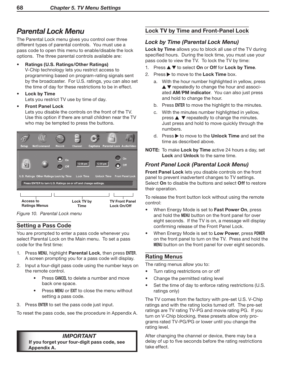 Parental lock menu | MITSUBISHI ELECTRIC LT-46231 User Manual | Page 68 / 122